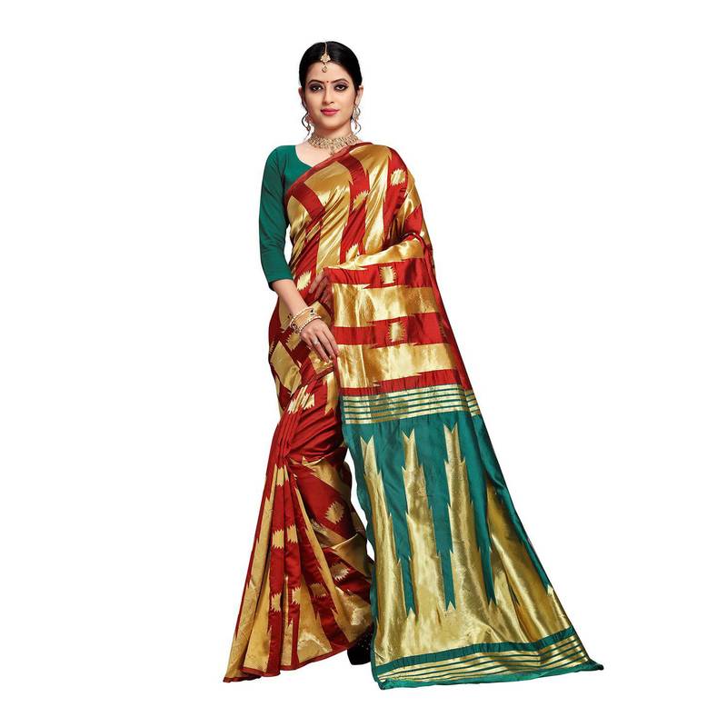 Red woven banarasi silk saree with blouse