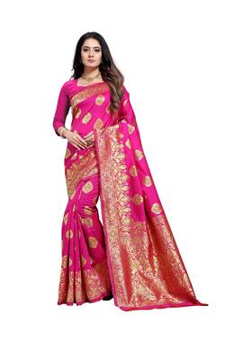 Pink Woven Banarasi silk blend Saree With Blouse 1