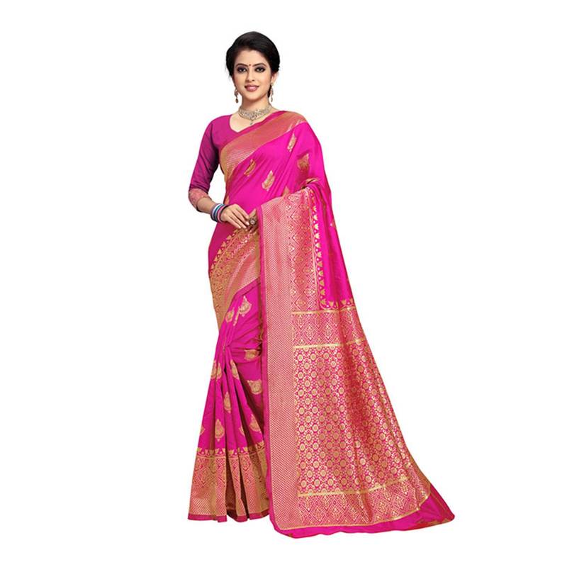Magenta woven banarasi silk saree with blouse