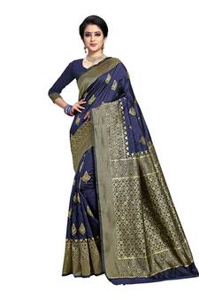 Dark Blue Woven Banarasi Silk Saree With Blouse