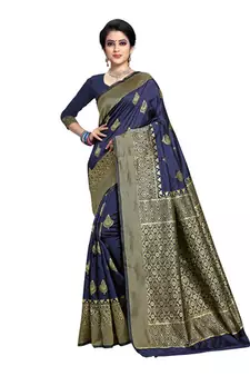Dark Blue Woven Banarasi Silk Saree With Blouse
