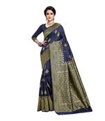 Dark Blue Woven Banarasi Silk Saree With Blouse