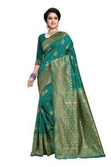 Green woven banarasi silk saree with blouse