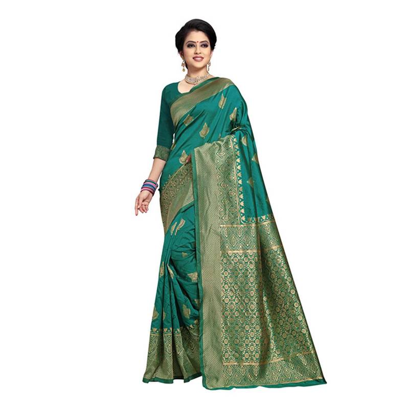 Green woven banarasi silk saree with blouse