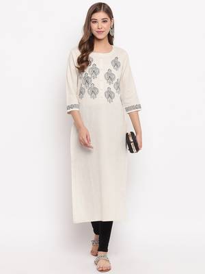women's printed straight slub cotton beige kurti 1
