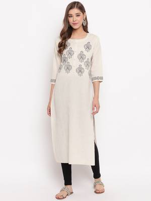 women's printed straight slub cotton beige kurti 2