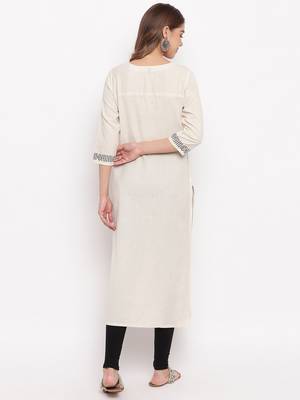 women's printed straight slub cotton beige kurti 3