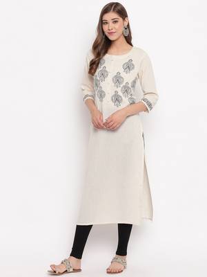 women's printed straight slub cotton beige kurti 4