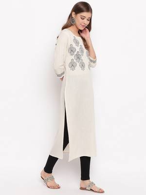 women's printed straight slub cotton beige kurti 5