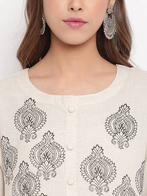 women's printed straight slub cotton beige kurti 6
