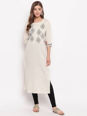 women's printed straight slub cotton beige kurti 7