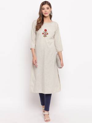 Women'S Striped Print,Hnad Work Straight Cotton Beige Kurti 1
