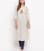 Women'S Striped Print,Hnad Work Straight Cotton Beige Kurti