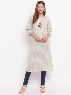 Women'S Striped Print,Hnad Work Straight Cotton Beige Kurti 2