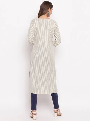 Women'S Striped Print,Hnad Work Straight Cotton Beige Kurti 3