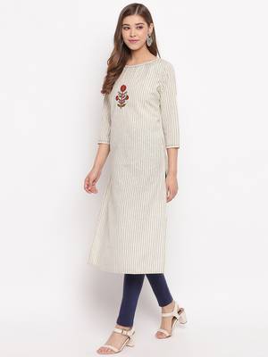 Women'S Striped Print,Hnad Work Straight Cotton Beige Kurti 4