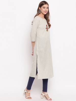 Women'S Striped Print,Hnad Work Straight Cotton Beige Kurti 5