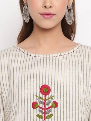 Women'S Striped Print,Hnad Work Straight Cotton Beige Kurti 6