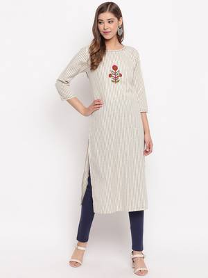 Women'S Striped Print,Hnad Work Straight Cotton Beige Kurti 7