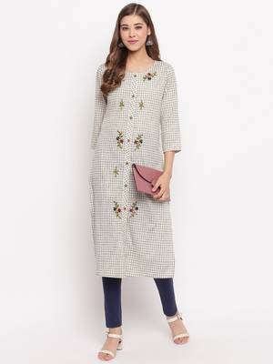 Women'S Checks Print,Hand Work Straight Cotton Beige Kurti 1