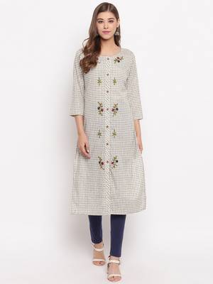 Women'S Checks Print,Hand Work Straight Cotton Beige Kurti 2