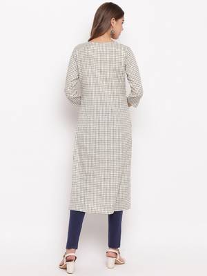 Women'S Checks Print,Hand Work Straight Cotton Beige Kurti 3