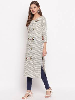 Women'S Checks Print,Hand Work Straight Cotton Beige Kurti 4