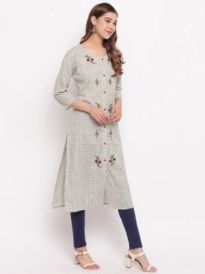 Women'S Checks Print,Hand Work Straight Cotton Beige Kurti 5