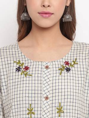 Women'S Checks Print,Hand Work Straight Cotton Beige Kurti 6