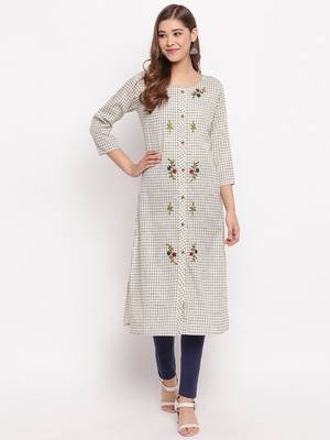 Women'S Checks Print,Hand Work Straight Cotton Beige Kurti 7