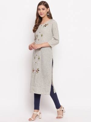 Women'S Checks Print,Hand Work Straight Cotton Beige Kurti 8