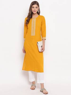 Women'S Solid Straight Cotton Yellow Kurti 1