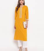 Women'S Solid Straight Cotton Yellow Kurti
