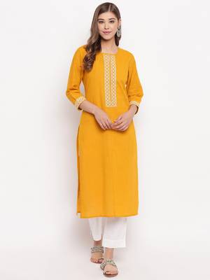 Women'S Solid Straight Cotton Yellow Kurti 2