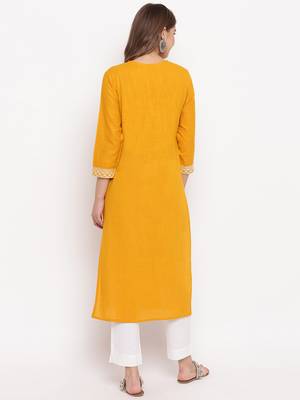 Women'S Solid Straight Cotton Yellow Kurti 3