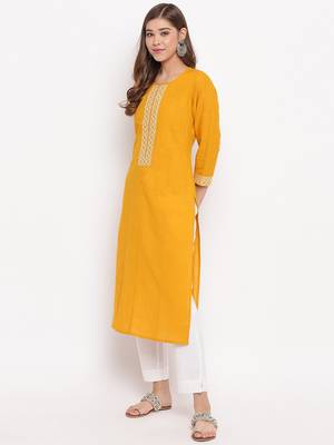 Women'S Solid Straight Cotton Yellow Kurti 4