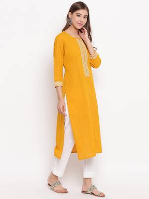 Women'S Solid Straight Cotton Yellow Kurti 5