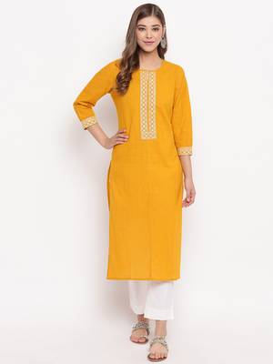 Women'S Solid Straight Cotton Yellow Kurti 7