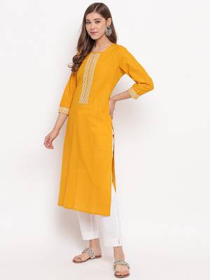 Women'S Solid Straight Cotton Yellow Kurti 8