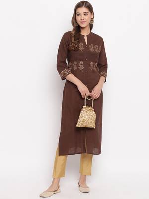 Women'S Foil Print Straight Cotton Dark Brown Kurti 1