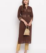 Women'S Foil Print Straight Cotton Dark Brown Kurti