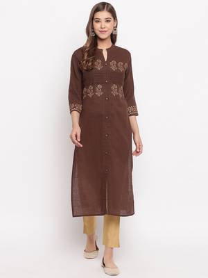 Women'S Foil Print Straight Cotton Dark Brown Kurti 2