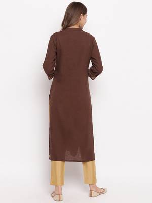 Women'S Foil Print Straight Cotton Dark Brown Kurti 3
