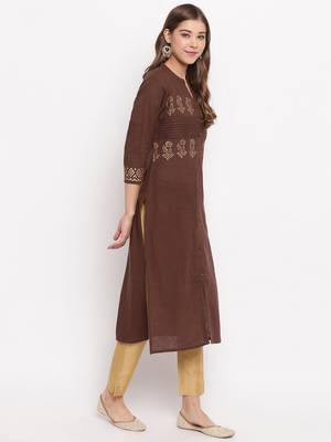 Women'S Foil Print Straight Cotton Dark Brown Kurti 4