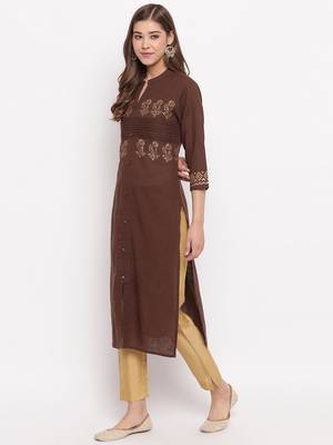 Women'S Foil Print Straight Cotton Dark Brown Kurti 5