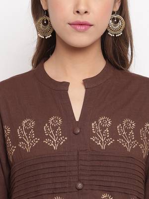 Women'S Foil Print Straight Cotton Dark Brown Kurti 6
