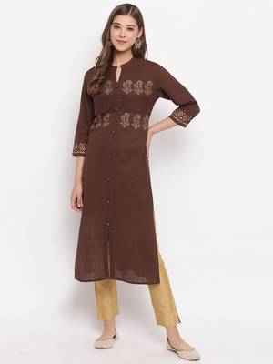 Women'S Foil Print Straight Cotton Dark Brown Kurti 7