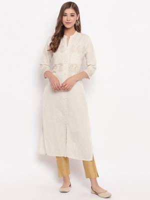 Women'S Foil Print Straight Cotton Off White Kurti 2
