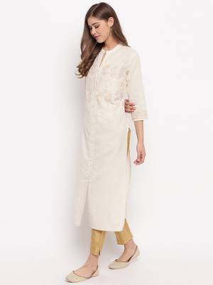 Women'S Foil Print Straight Cotton Off White Kurti 5