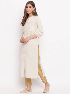 Women'S Foil Print Straight Cotton Off White Kurti 7